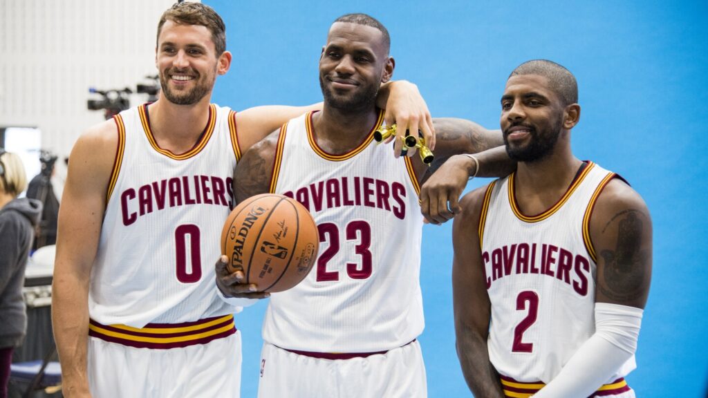LeBron with Kyrie Irving and Kevin Love in Cavs uniforms
