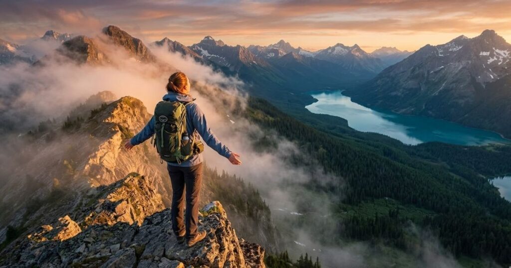 lone hiker standing at the edge of a misty mountains