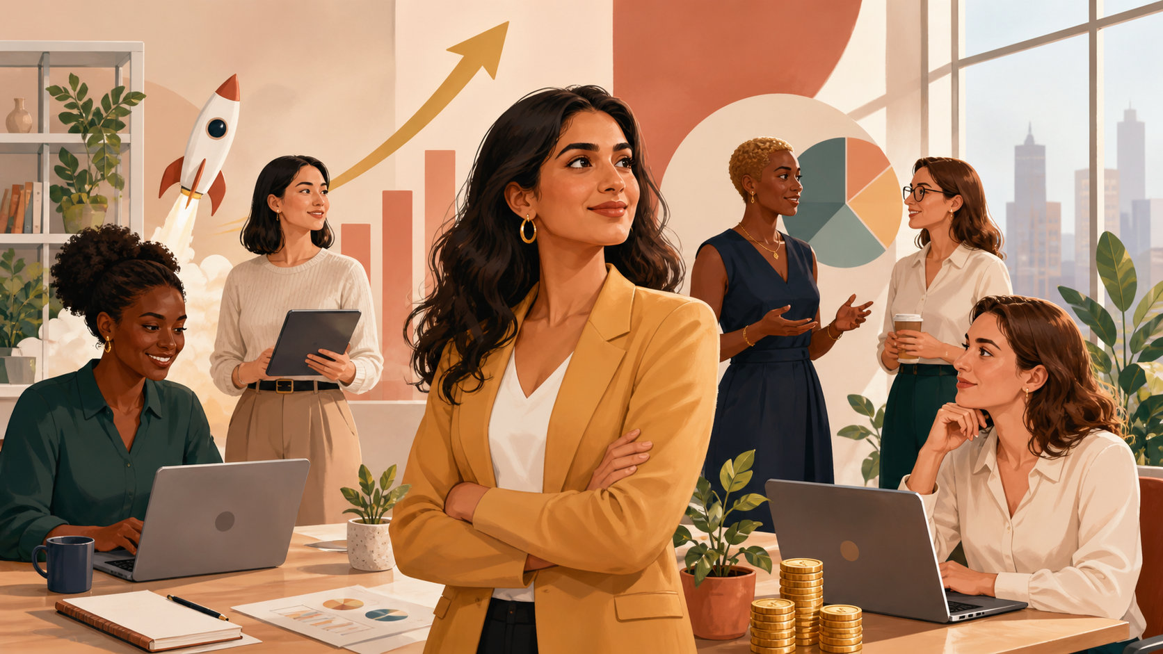 Women startup funding 2026 â€” diverse female founders collaborating in a modern startup office